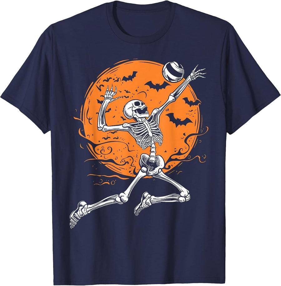 Volleyball Skeleton Women Men Volleyball Player Halloween T-Shirt - Navy Blue