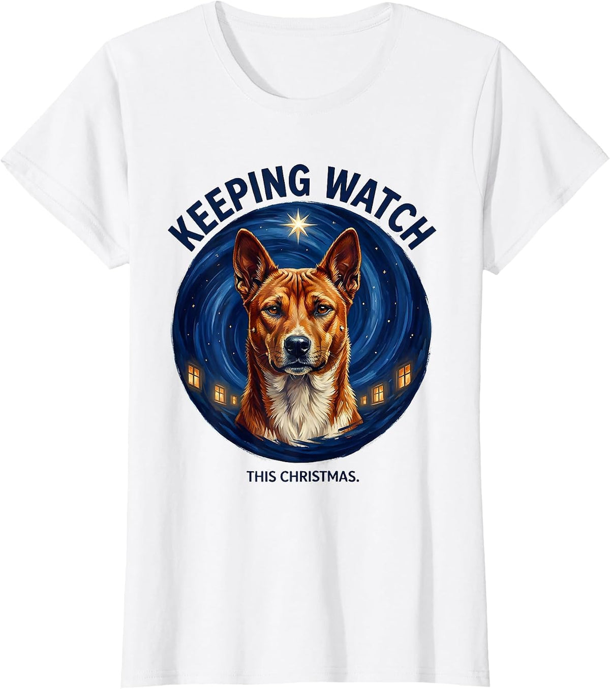 Keeping Watch This Christmas Basenji Van Gogh Starry Night T-Shirt - White