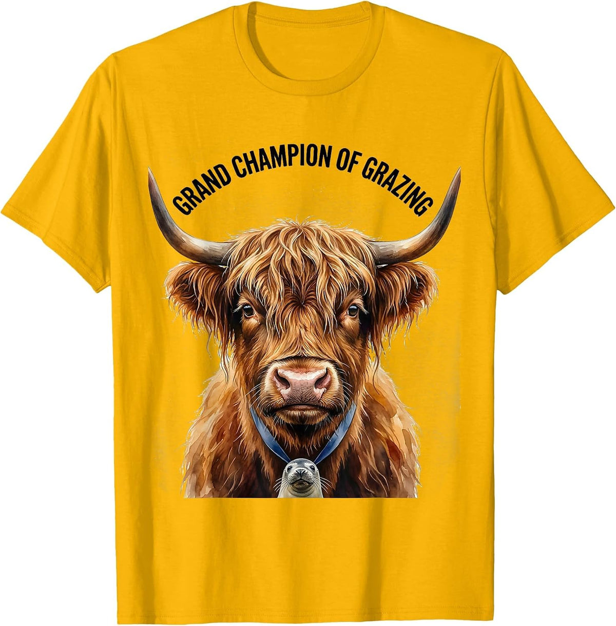 Grand Champion Of Grazing Funny Highland Cow Animal Lover T-Shirt - Golden Yellow