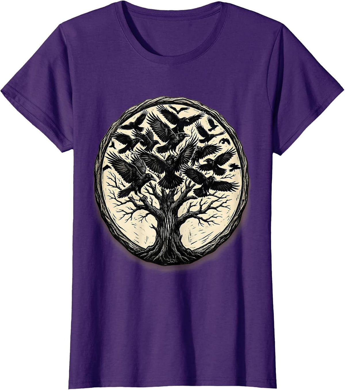 Women's Flock of Crows Bursting From Dead Tree T-Shirt - Purple