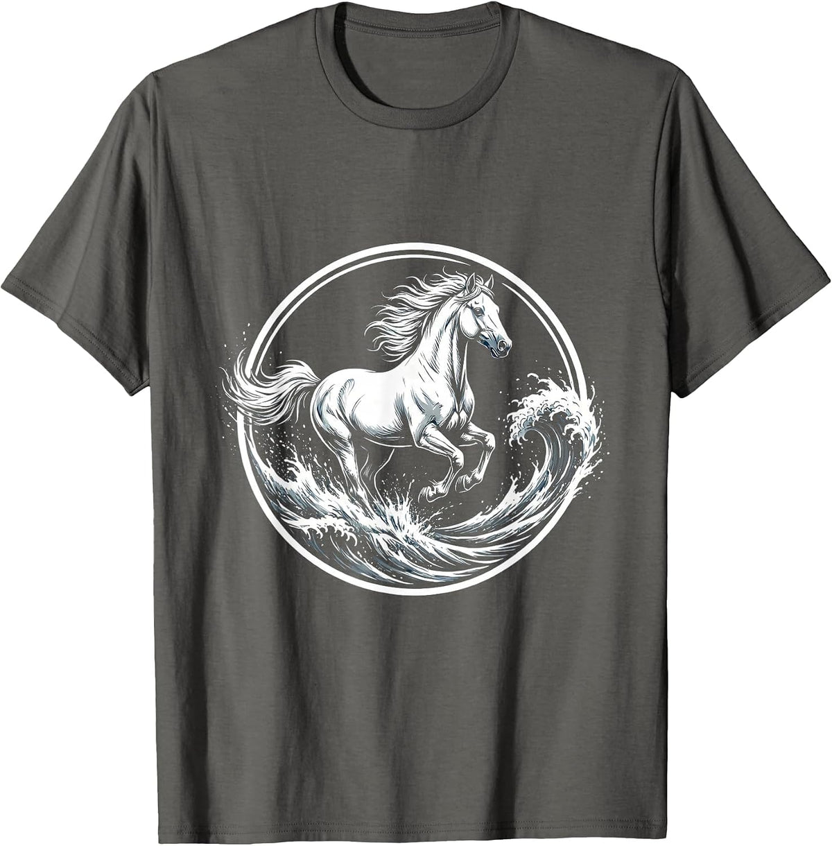 Wild Horse Galloping Through Crashing Waves T-Shirt - Asphalt Grey