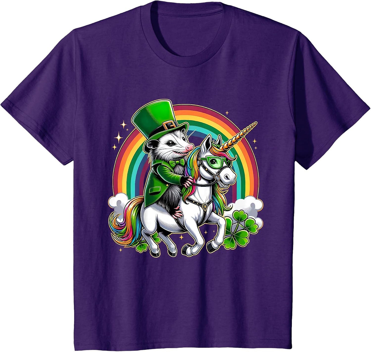 Funny Opossum Leprechaun Riding Unicorn St Patricks Day T-Shirt - Purple
