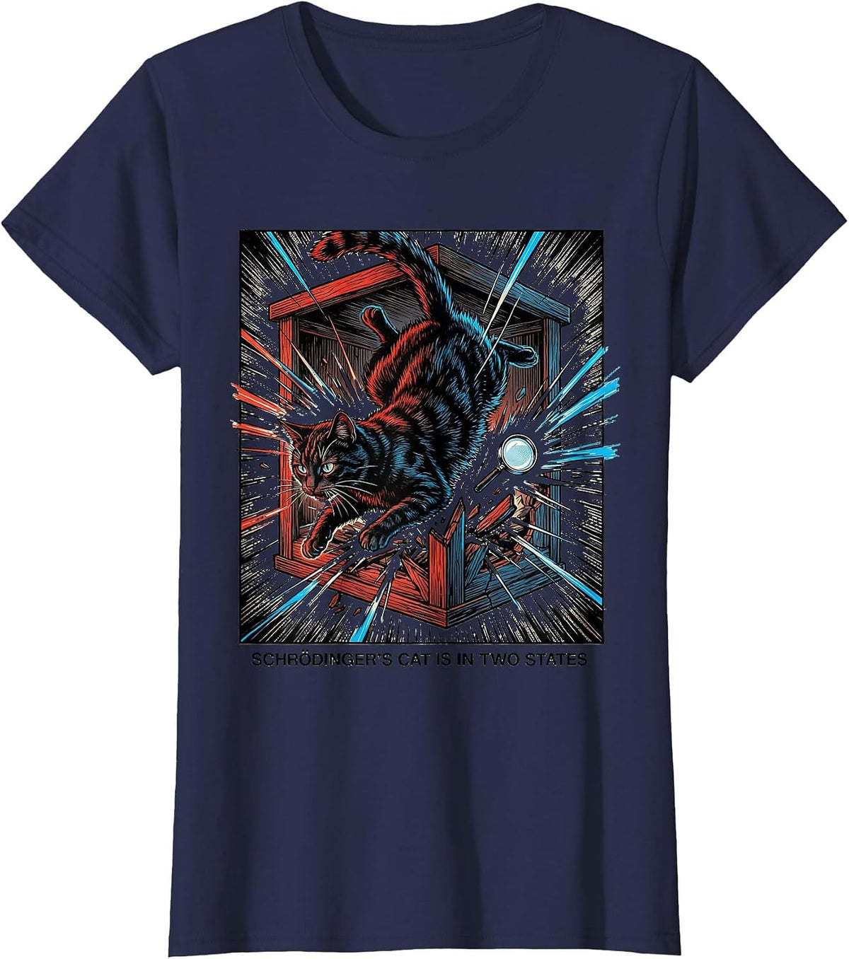 Women's Schrödinger's Cat Is In Two States Comic Book Physics Humor T-Shirt - Navy Blue
