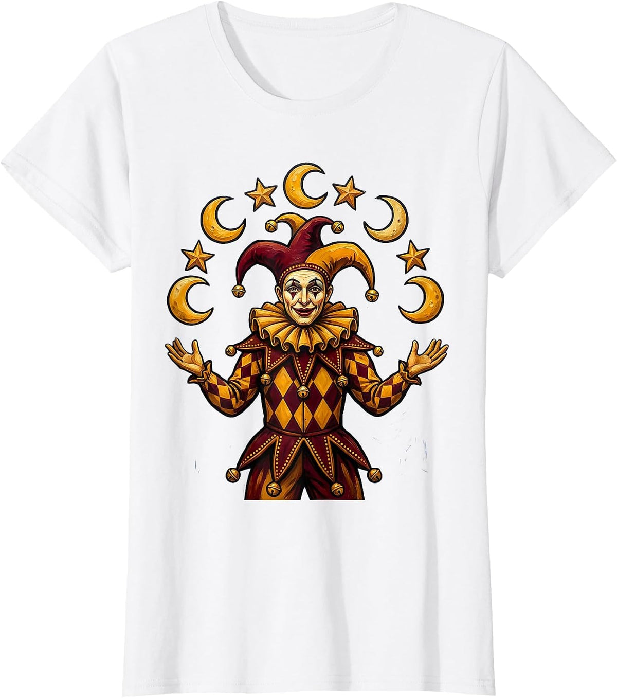 Mardi Gras Jester Juggling Moons and Stars T-Shirt - White