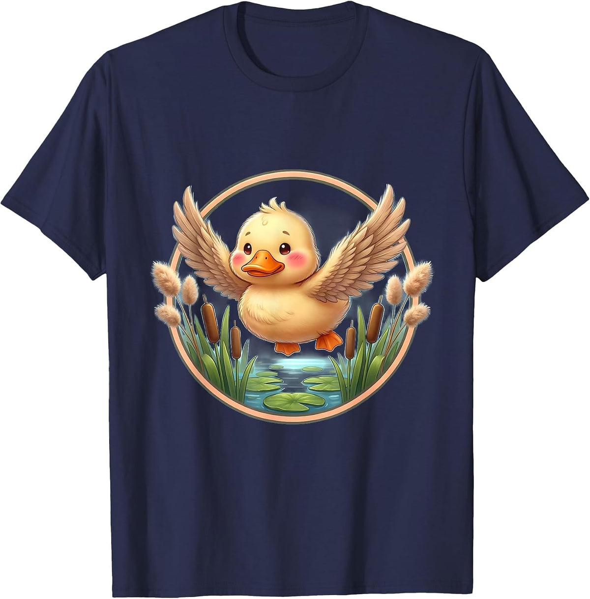 Youth Camo Duck Flying Over Marsh Reeds T-Shirt - Navy Blue