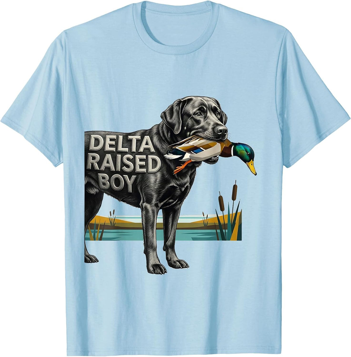 Men's Delta Raised Boy Midcentury Modern Labrador Duck Hunting T-Shirt - Baby Blue