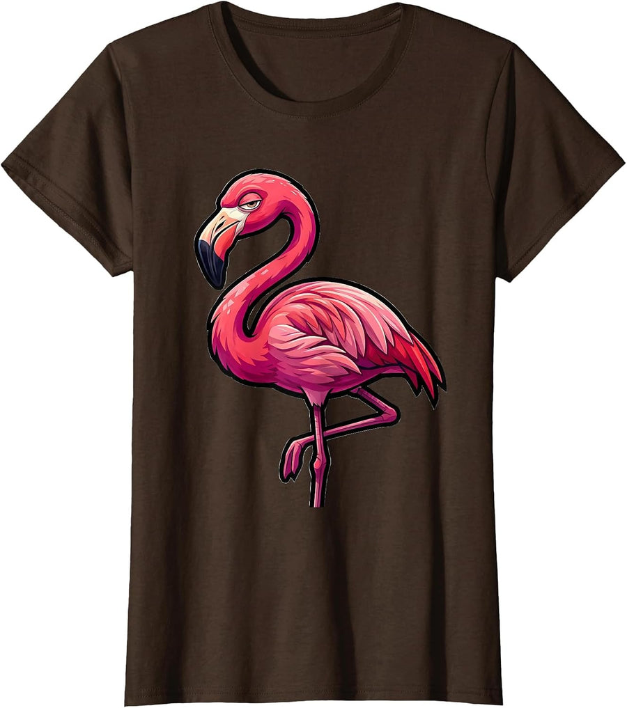 Women's Pink Flamingo Cartoon Bird Lover Humor Gift T-Shirt - Brown