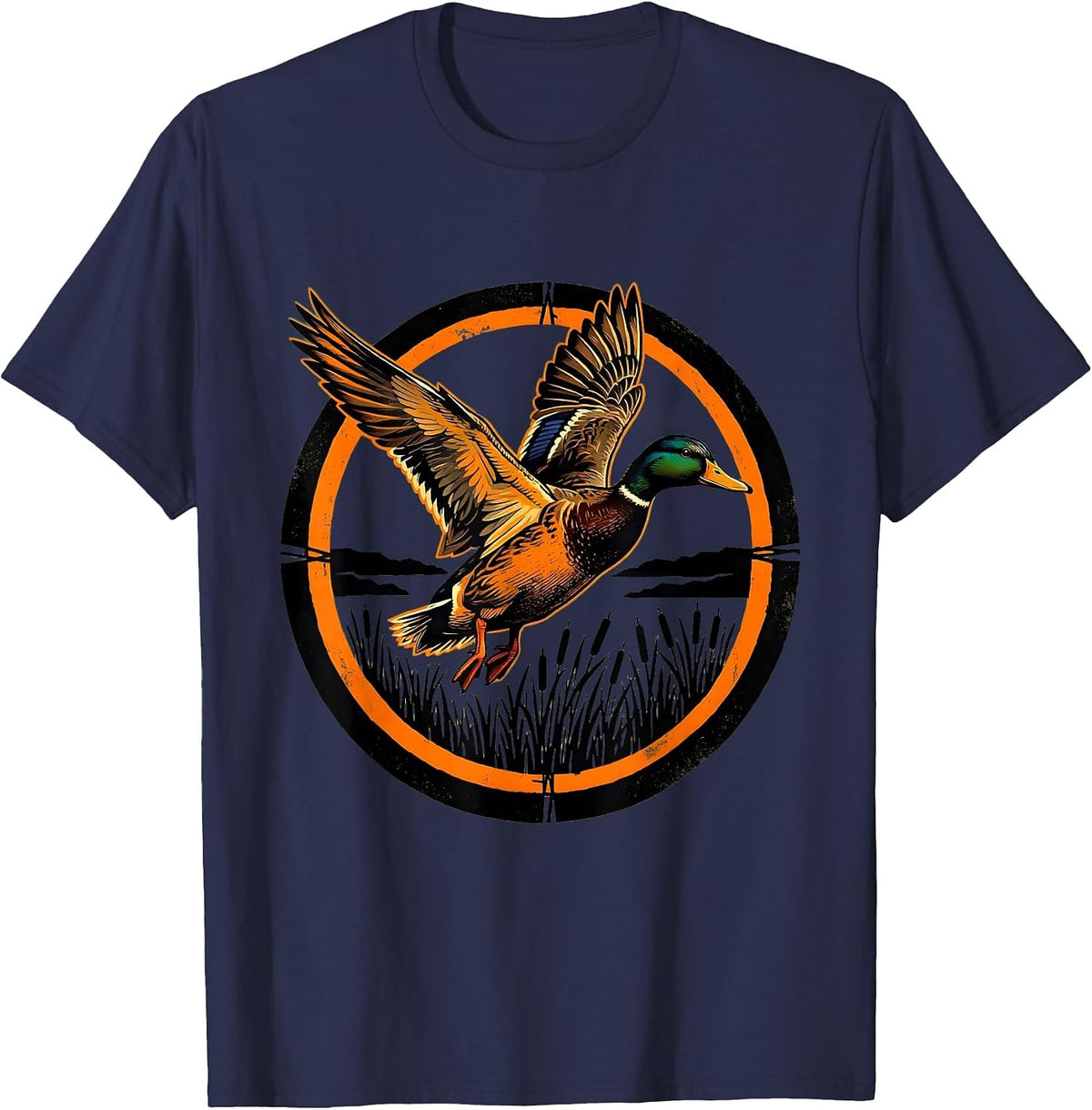 Men's Camo Duck Flying Over Marsh Reeds Illustration T-Shirt - Navy Blue