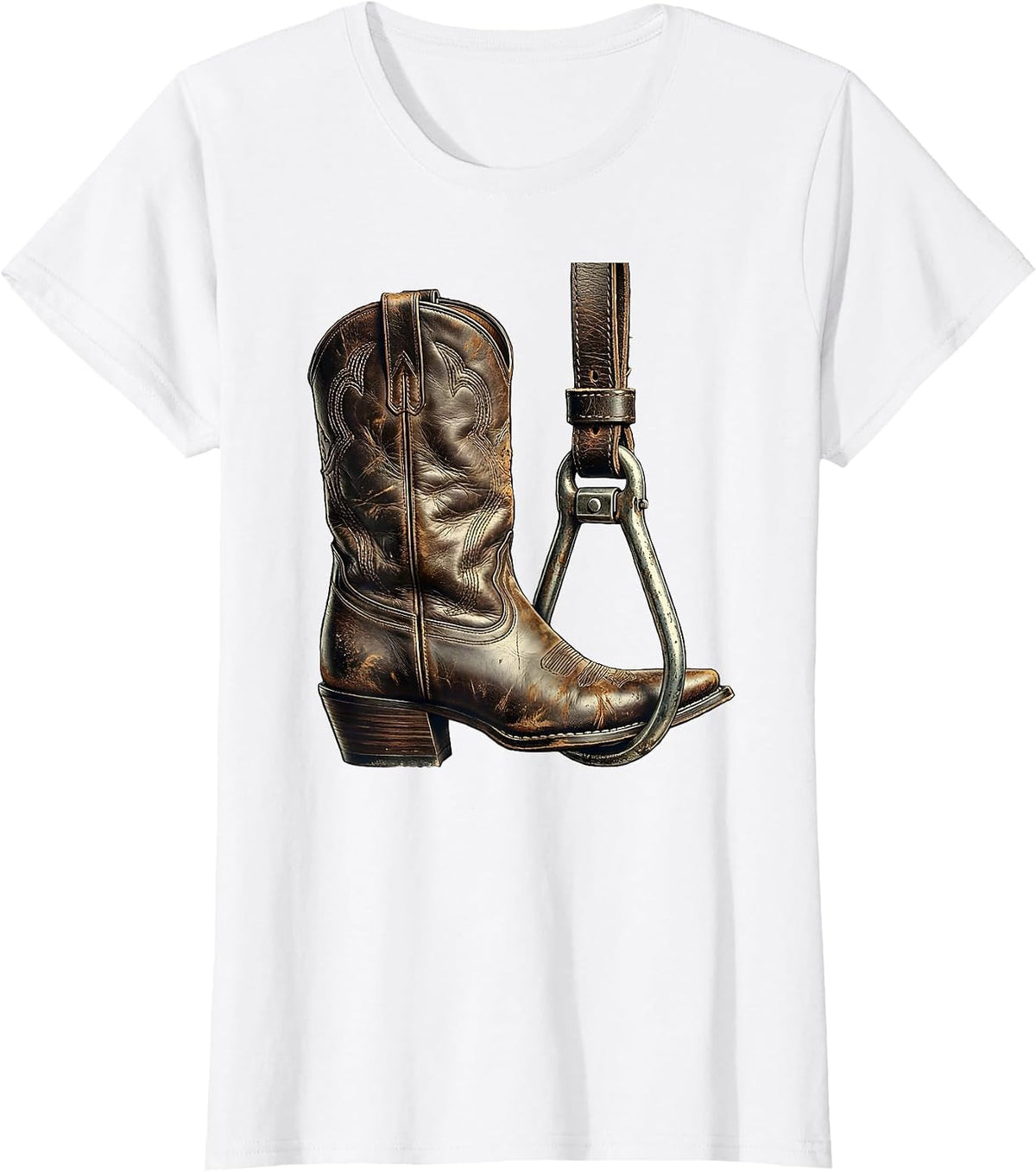 Cowgirl Boot Stirrup Western Riding Illustration T-Shirt - White