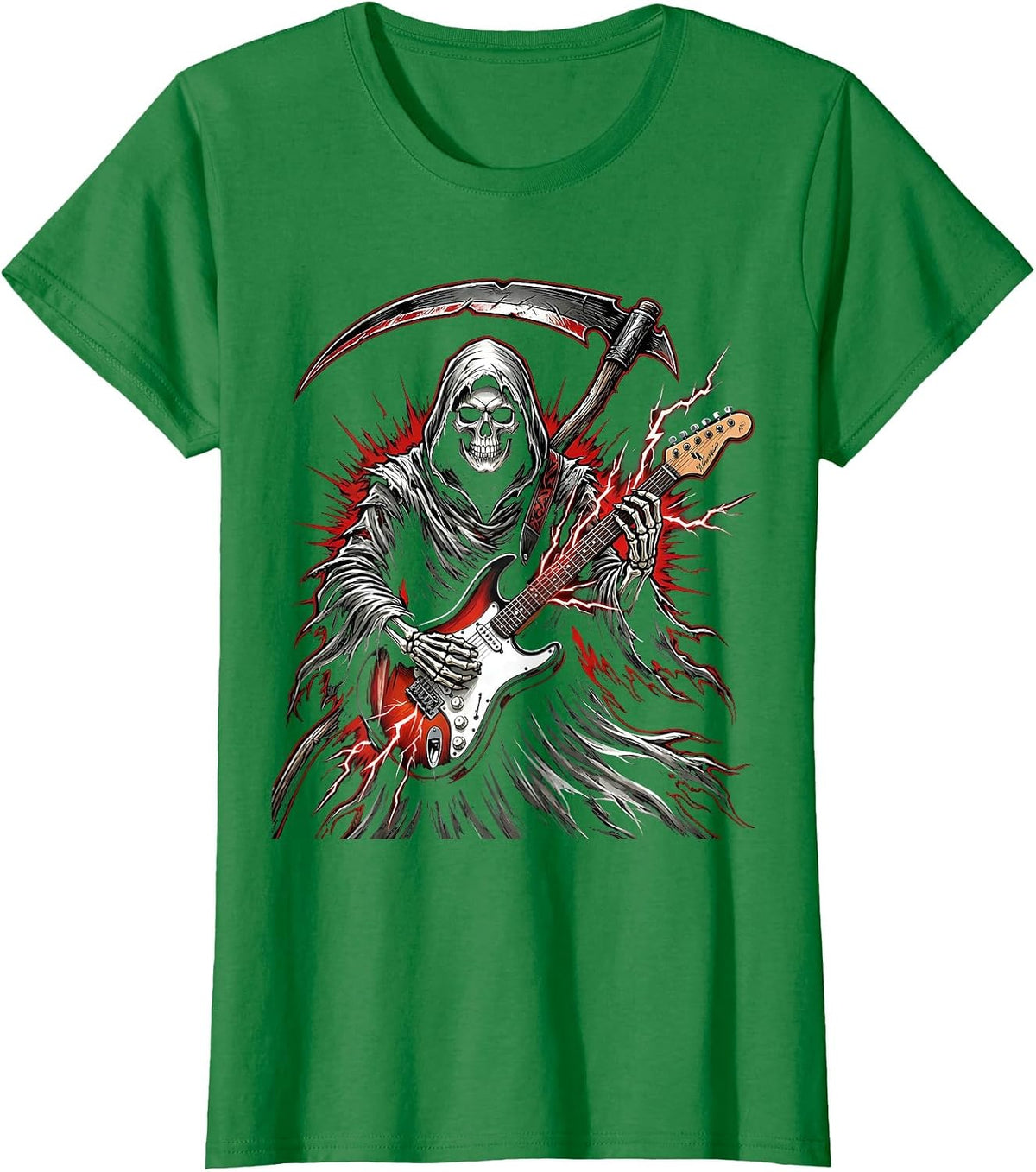Women's Grim Reaper Electric Guitar Rock Halloween Design T-Shirt - Kelly Green