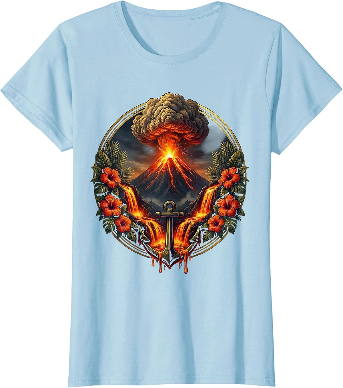 Hawaiian Volcano Erupting at Night Aloha Design T-Shirt - Baby Blue