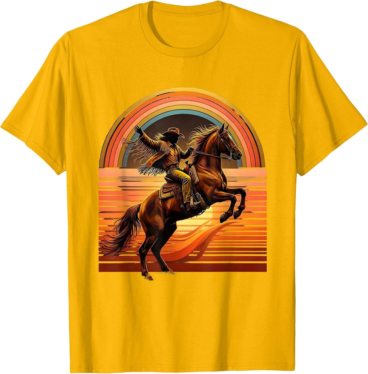 Cowgirl Leaping Off Horse at Sunset Graphic T-Shirt - Golden Yellow
