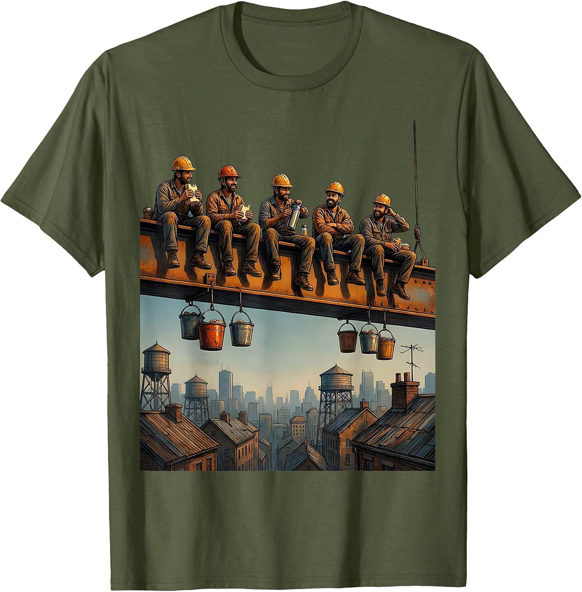 Ironworkers Lunch Break on Steel Beam Graphic T-Shirt - Olive Green