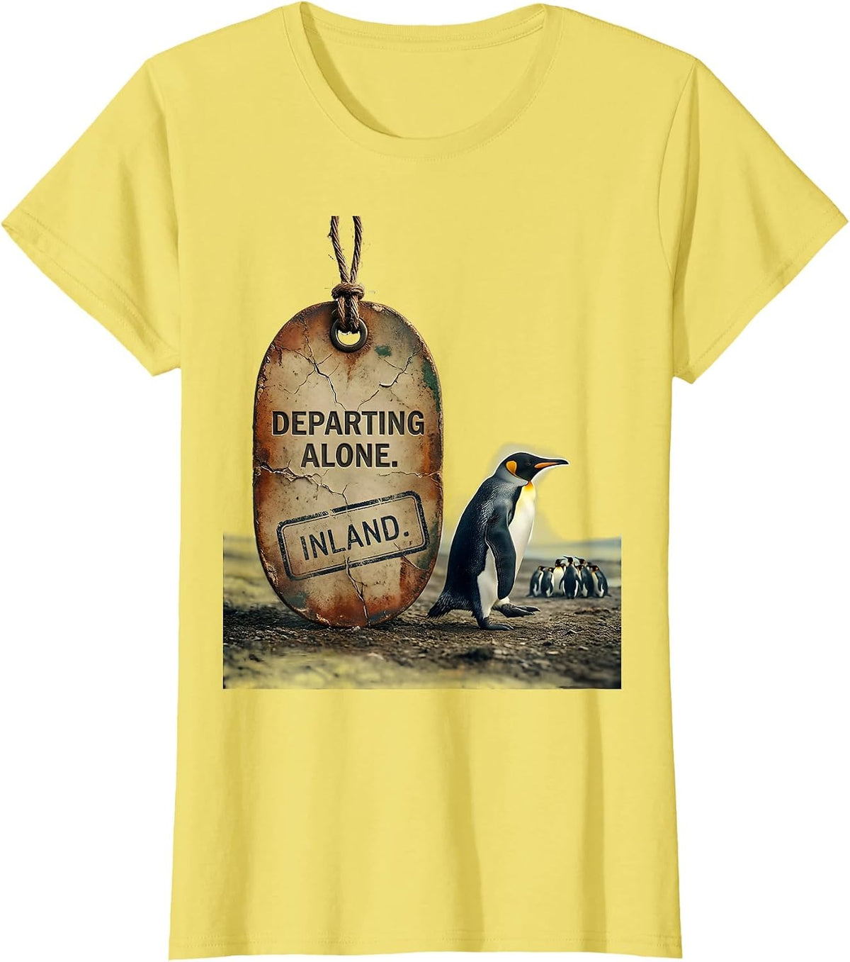 Women's Departing Alone Inland Vintage Penguin Lover Humor T-Shirt - Lemon Yellow