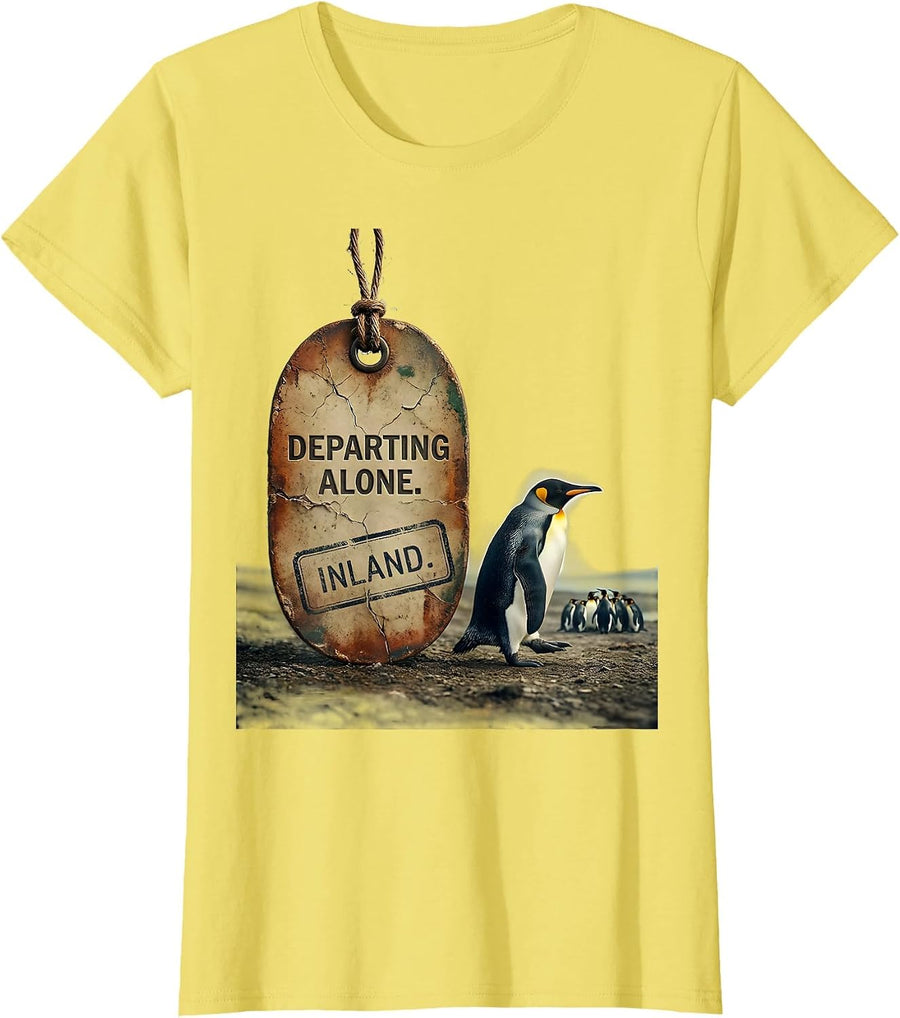 Women's Departing Alone Inland Vintage Penguin Lover Humor T-Shirt - Lemon Yellow