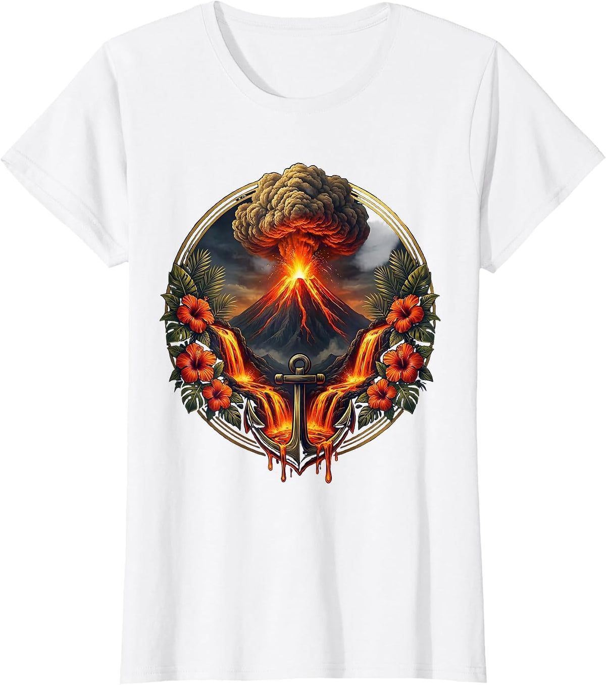 Hawaiian Volcano Erupting at Night Aloha Design T-Shirt - White