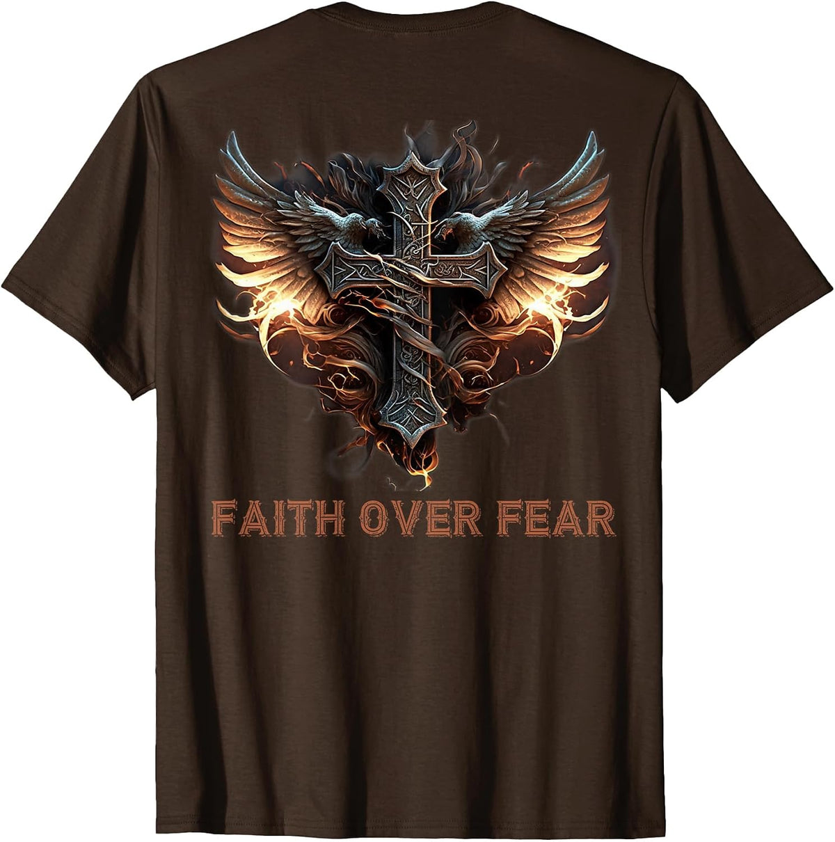 Angel Wings Christian Cross Faith Over Fear - On Back T-Shirt - Brown