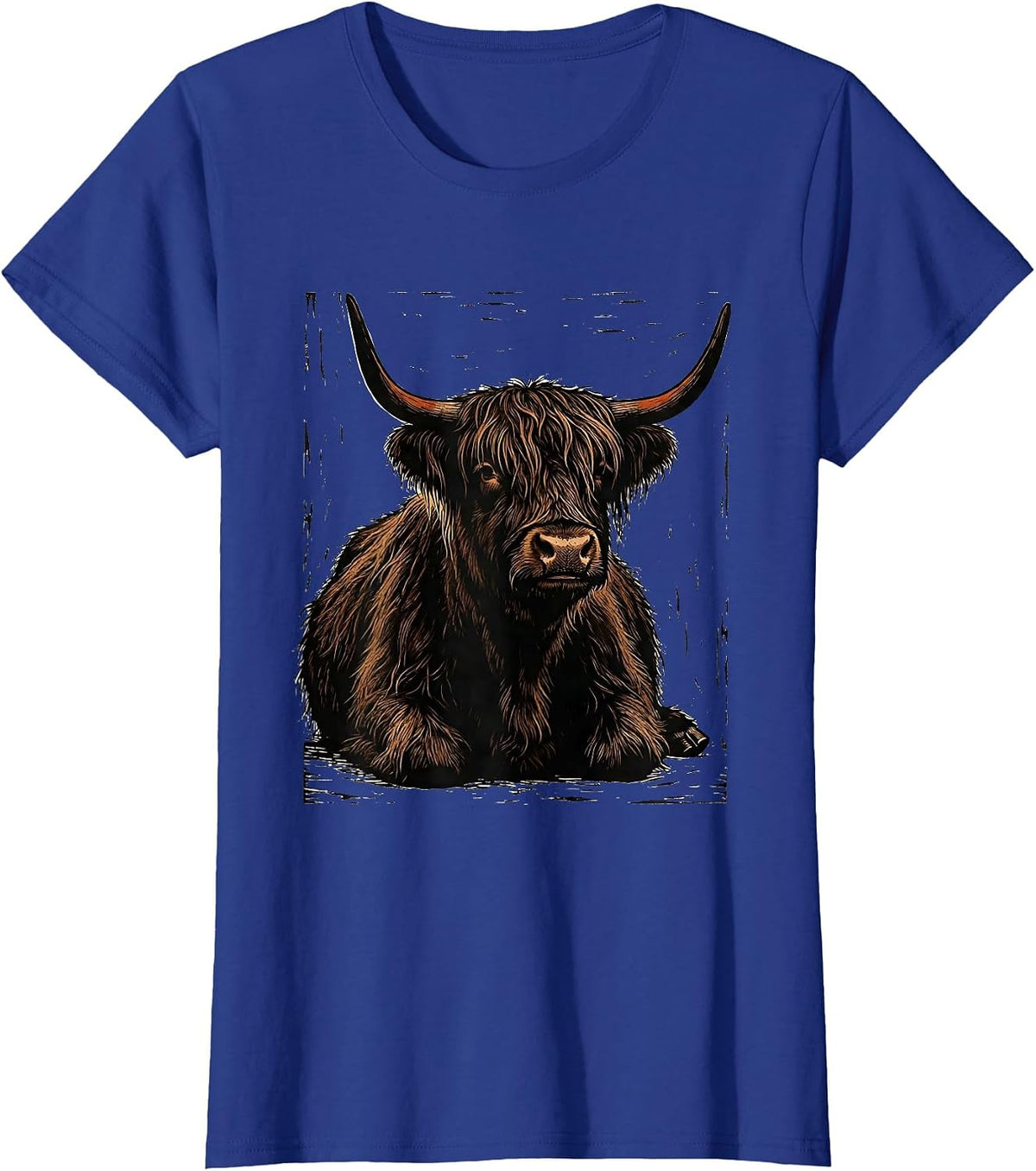 Women's Lounging Highland Cow Linocut Cute Cow Lover Graphic T-Shirt - Royal Blue