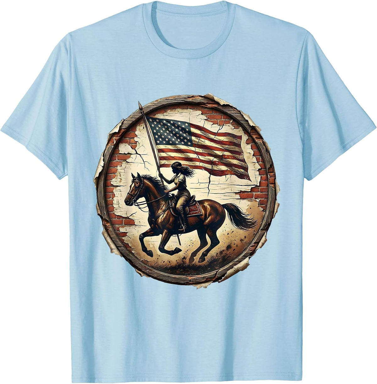 Men's Patriotic Horseback Rider American Flag Design T-Shirt - Baby Blue