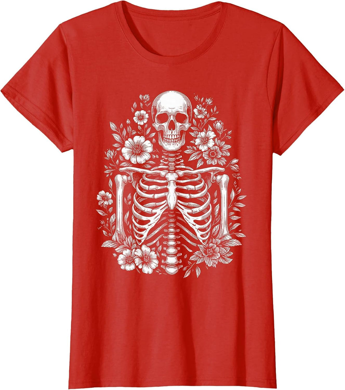 Floral Skeleton Flowers Goth Aesthetic T-Shirt - Red