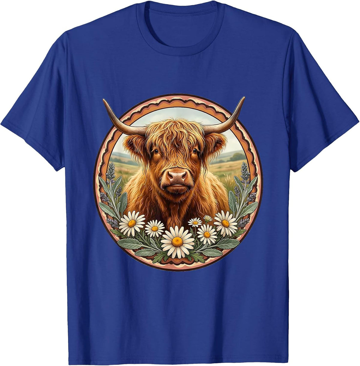 Highland Cow Sitting in a Field of Daisies T-Shirt - Royal Blue
