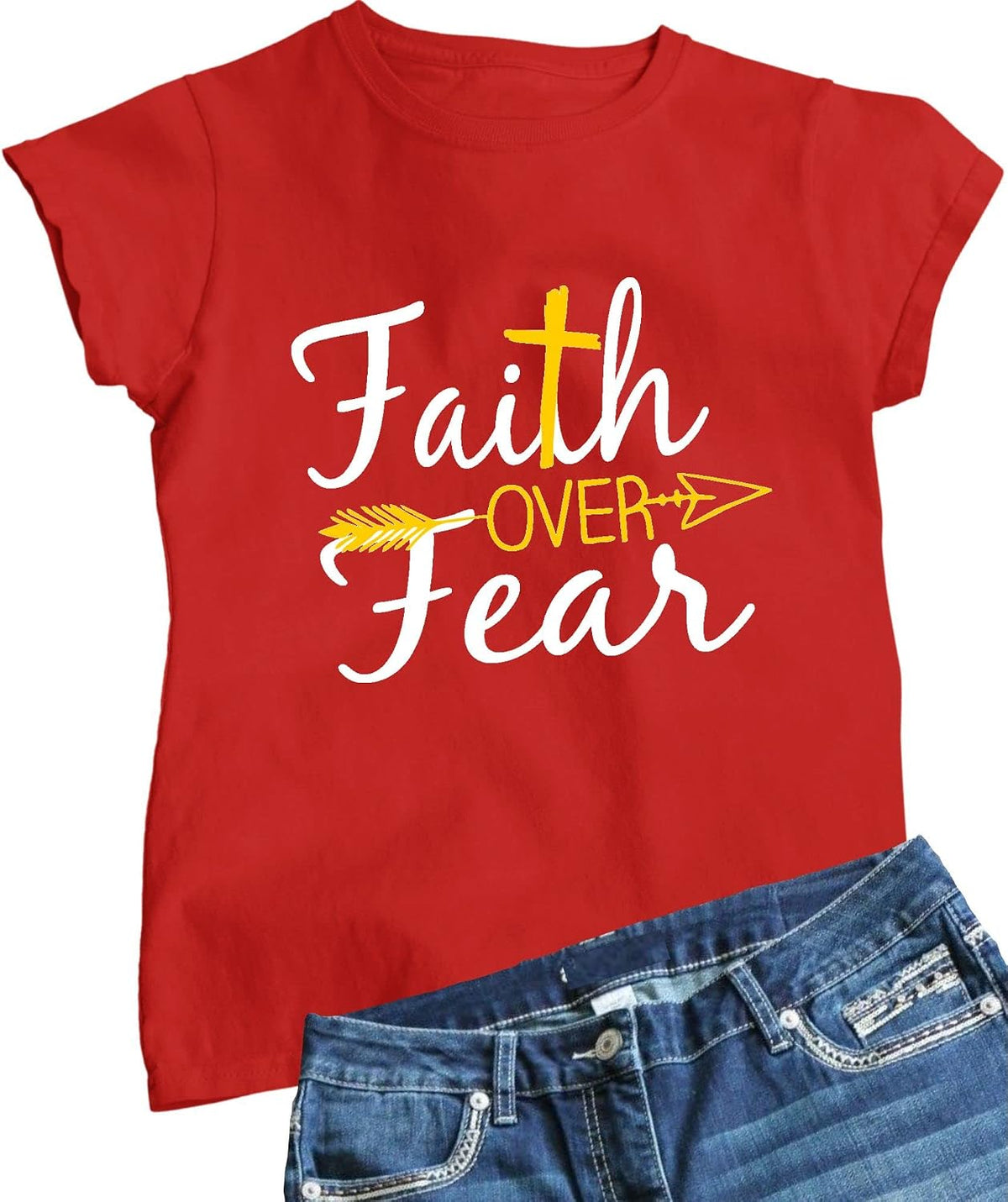 Go All Out Womens Faith Over Fear Cross & Arrow Christian Jesus T-Shirt - Red