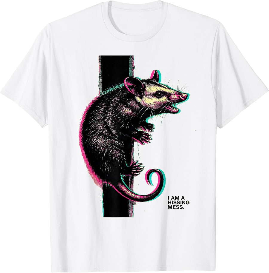 Men's I Am A Hissing Mess Risograph Opossum Meme Absurdist Humor T-Shirt - White