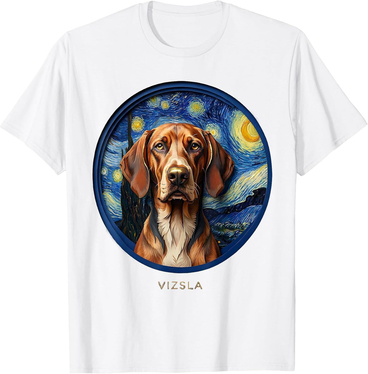 Men's Vizsla Paper Cutout Van Gogh Starry Night Dog Portrait T-Shirt - White