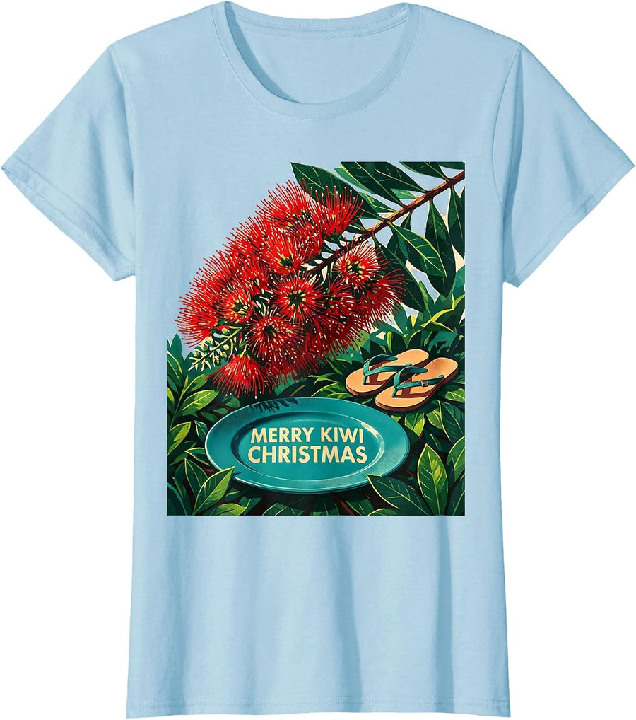 Women's Merry Kiwi Christmas Risograph Kiwi Pride Summer Christmas T-Shirt - Baby Blue