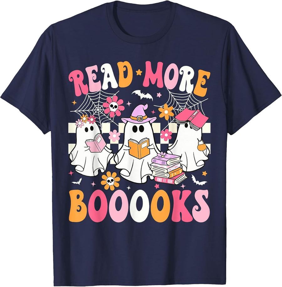 Read More Books Ghosts Reading Book Funny Teacher Halloween T-Shirt - Navy Blue