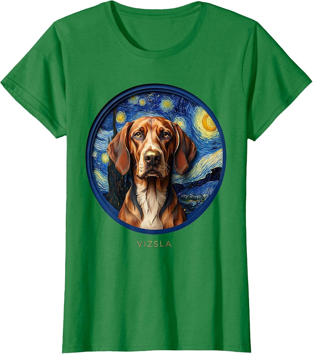 Women's Vizsla Paper Cutout Van Gogh Starry Night Dog Portrait T-Shirt - Kelly Green