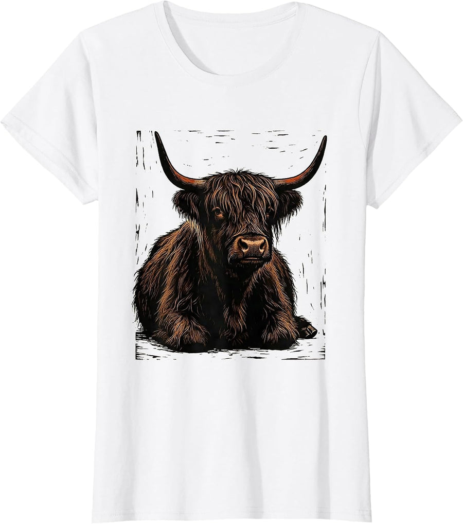 Women's Lounging Highland Cow Linocut Cute Cow Lover Graphic T-Shirt - White