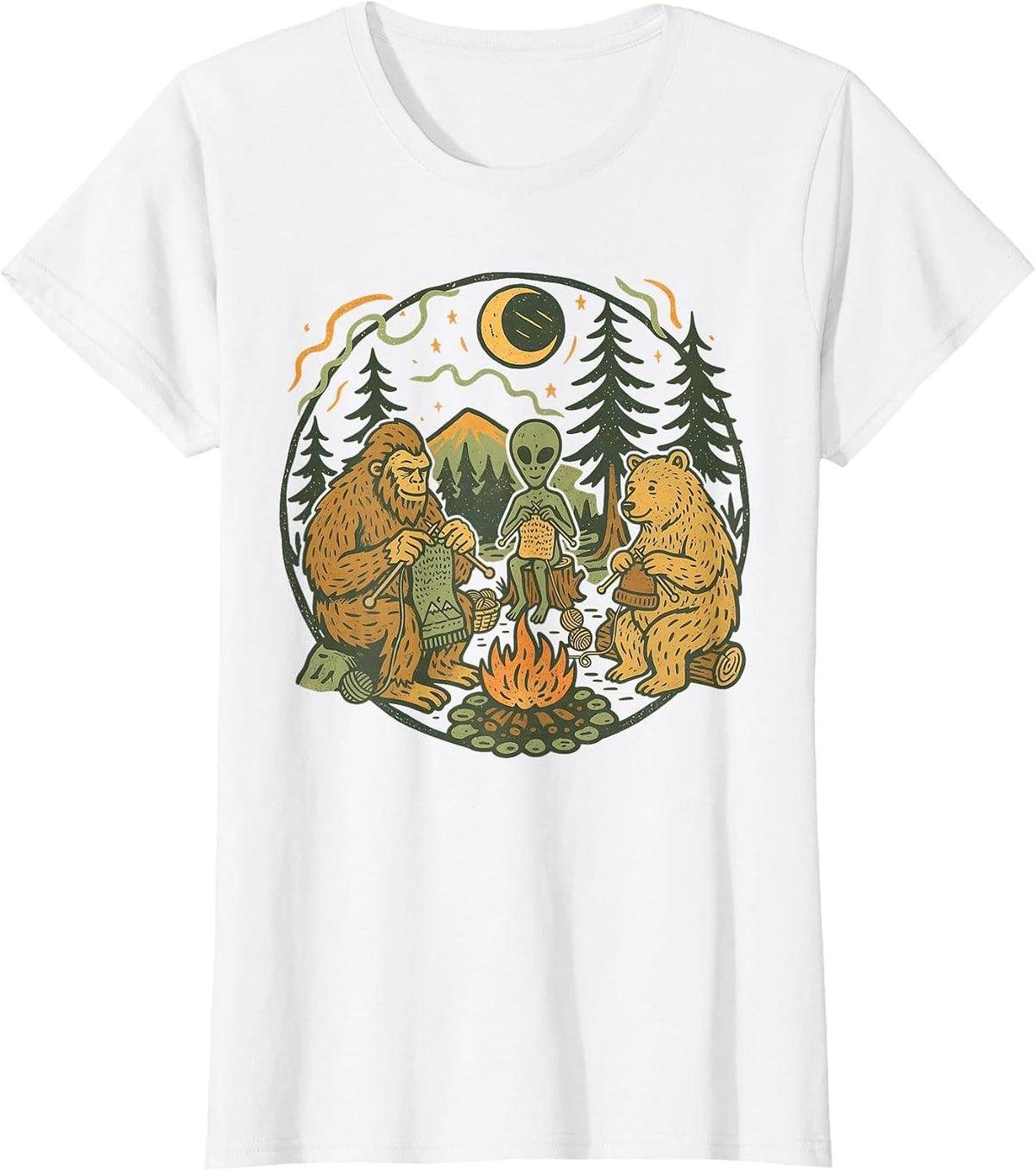 Campfire Knitting Friends Retro Bigfoot Alien Bear Knitting T-Shirt - White
