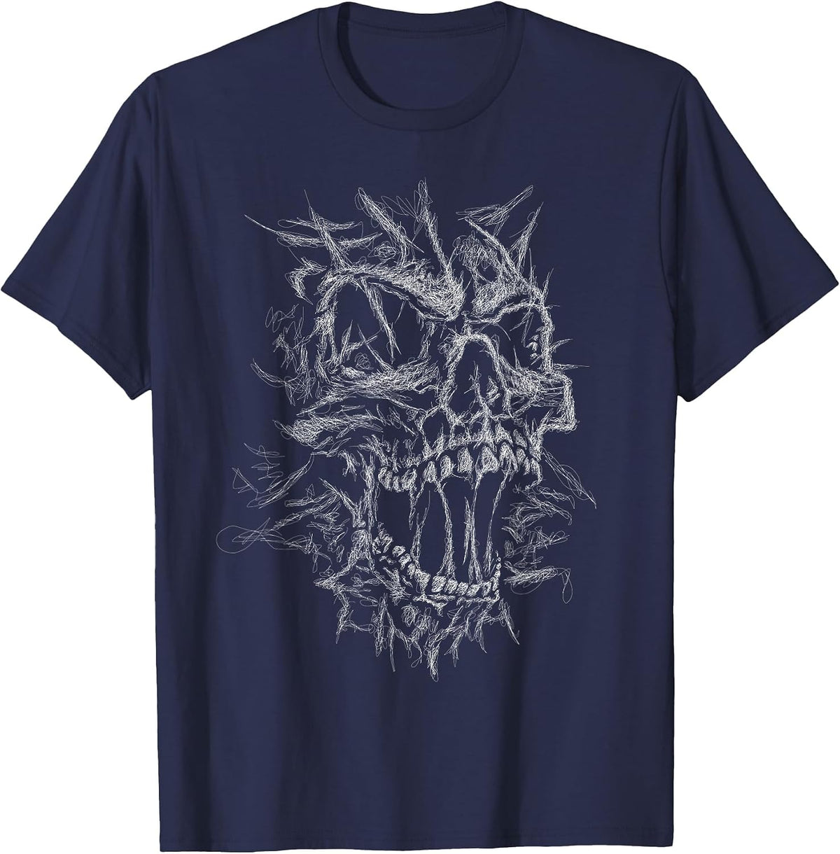 Skull face Scribble Black Art Head for Lover Skeleton Sketch T-Shirt - Navy Blue
