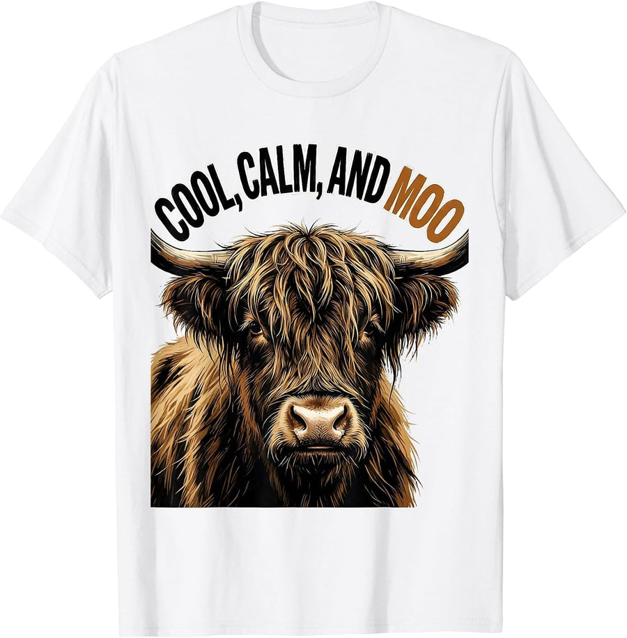 Men's Cool, Calm, And Moo Funny Highland Cow Floral Humor T-Shirt - White