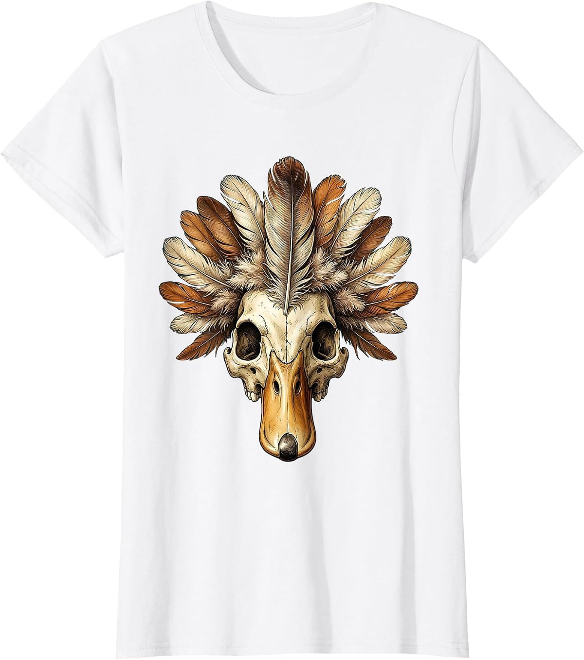 Duck Skull Feather Crown Gothic Nature Art T-Shirt - White