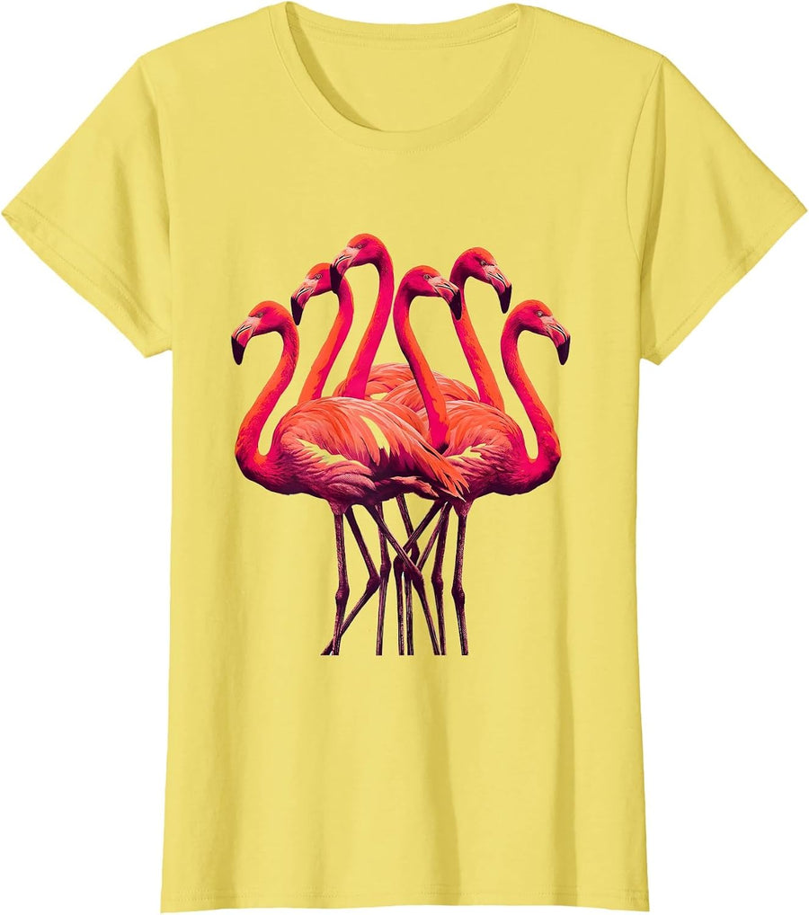 Women's Flamingo Crescent Screenprint Novelty Bird Humor T-Shirt - Lemon Yellow