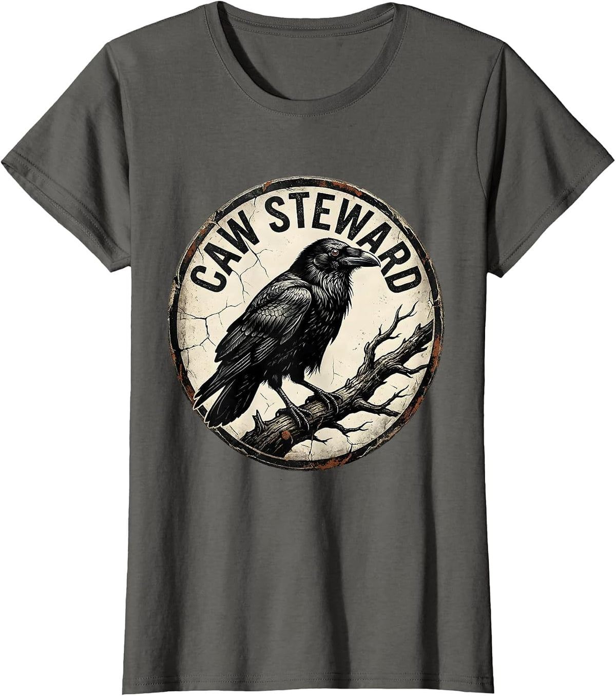 Women's Caw Steward Distressed Crow Bird Gothic Nature Enthusiast T-Shirt - Asphalt Grey