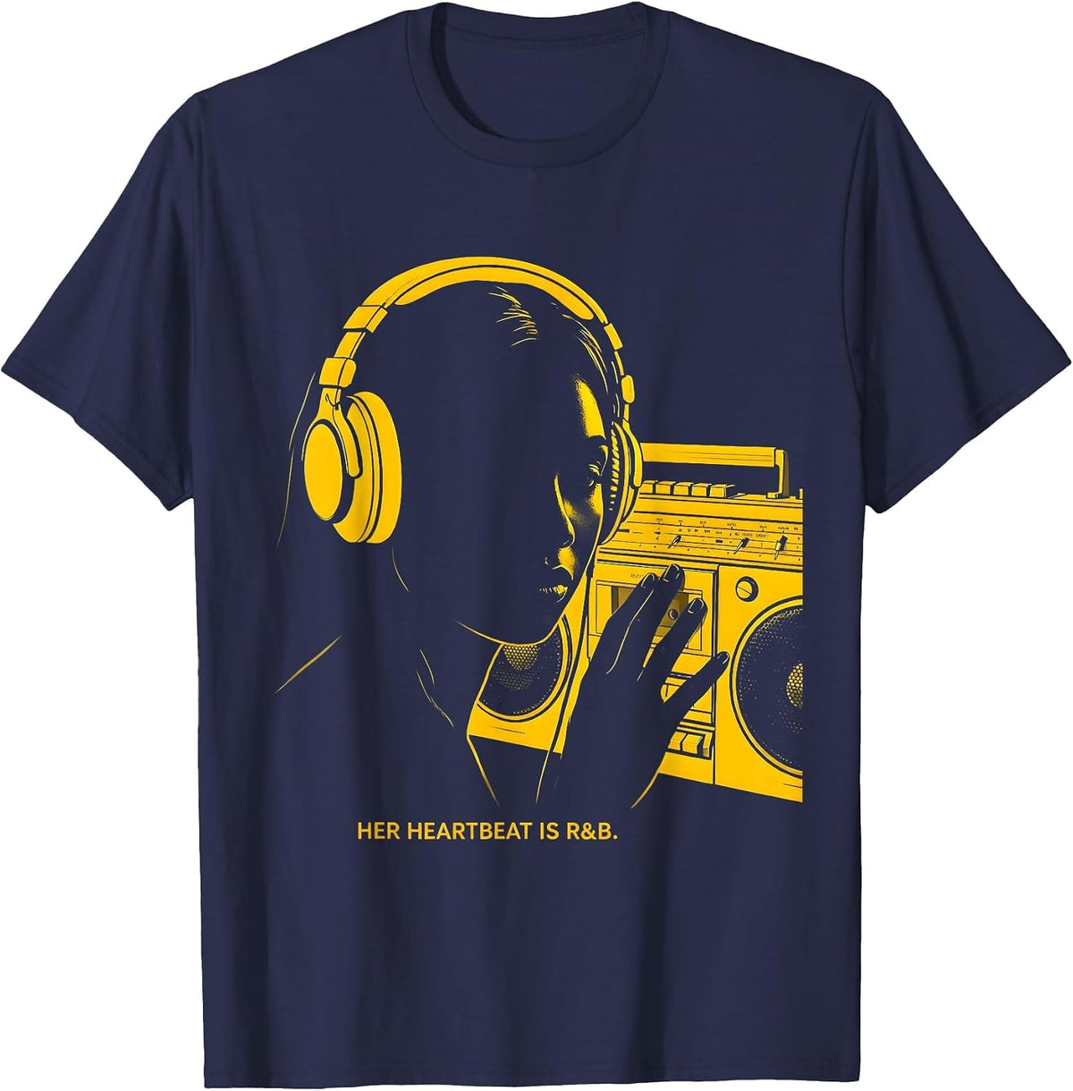 Her Heartbeat Is R&B Retro R&B Soul Music Fan T-Shirt - Navy Blue