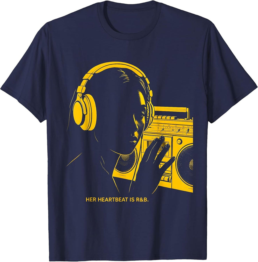 Her Heartbeat Is R&B Retro R&B Soul Music Fan T-Shirt - Navy Blue