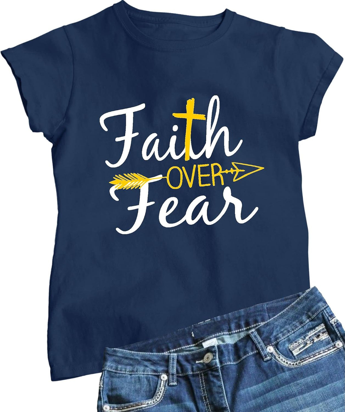Go All Out Womens Faith Over Fear Cross & Arrow Christian Jesus T-Shirt - Navy Blue