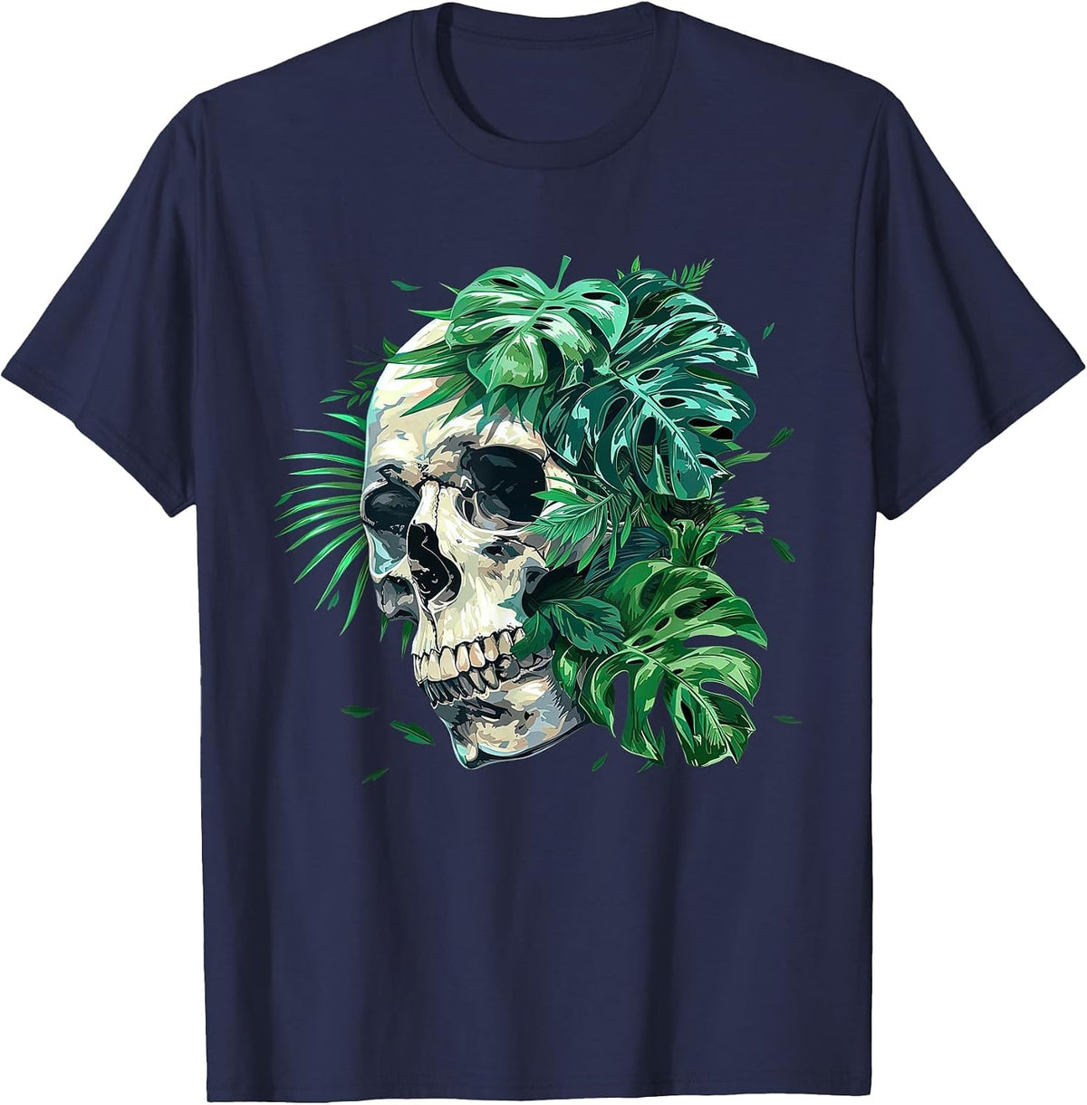 Aesthetic Goth Grunge Skull Tropical Monstera Leaf Skeleton T-Shirt - Navy Blue