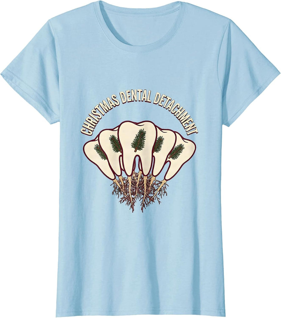 Women's Christmas Dental Detachment Funny Dentist Dental Team T-Shirt - Baby Blue