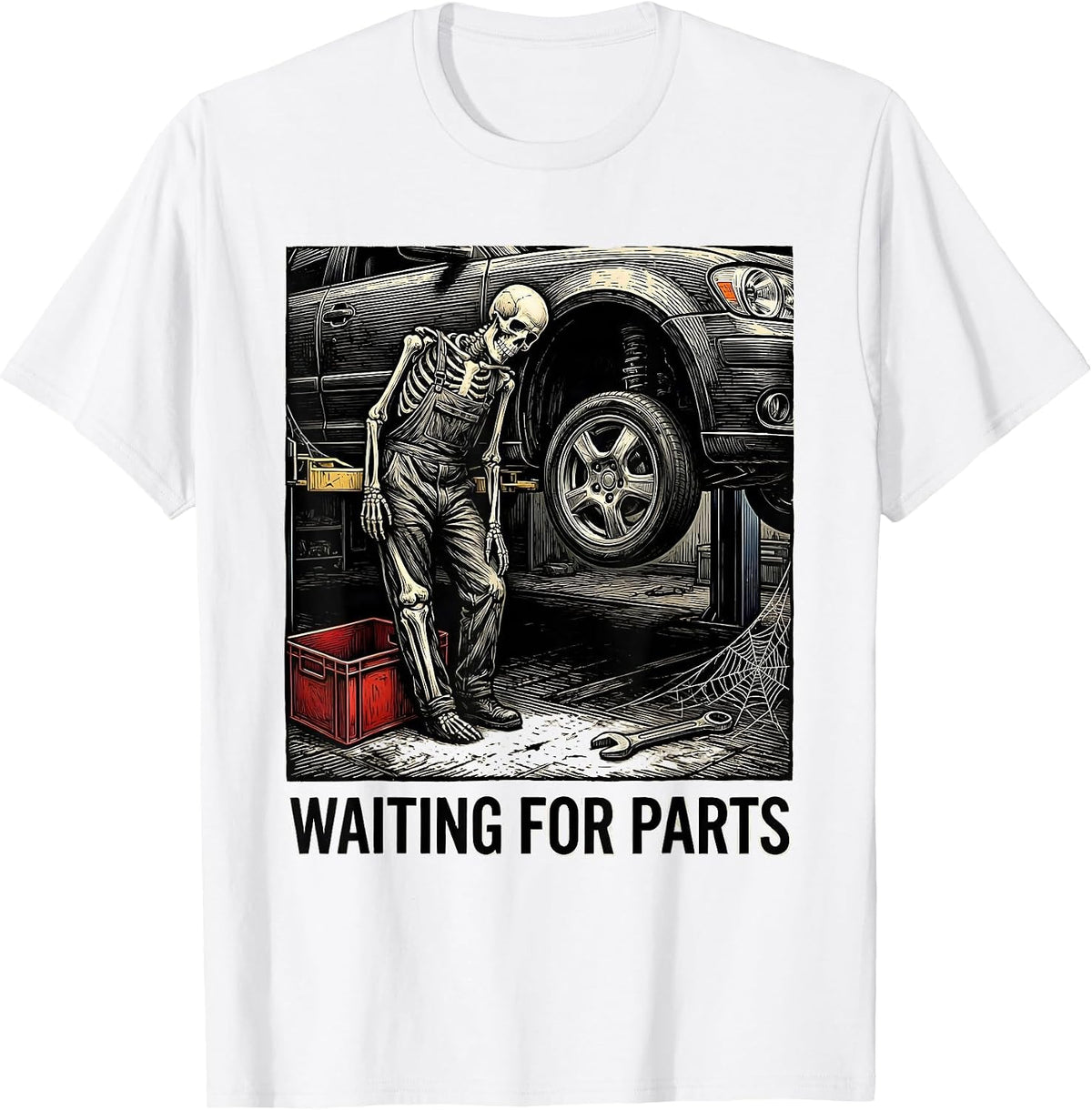 Men's Waiting For Parts Funny Mechanic Skeleton Auto Repair Humor T-Shirt - White