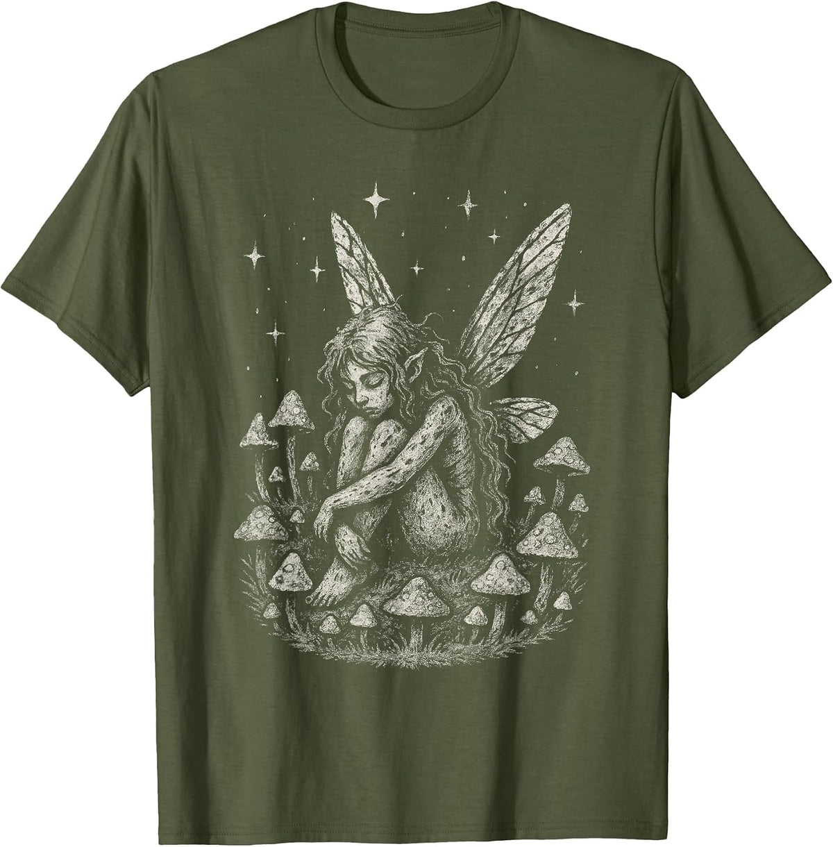 Fairy Elf Grunge Dark Fairycore Mushroom Forest Alt Goth T-Shirt - Olive Green