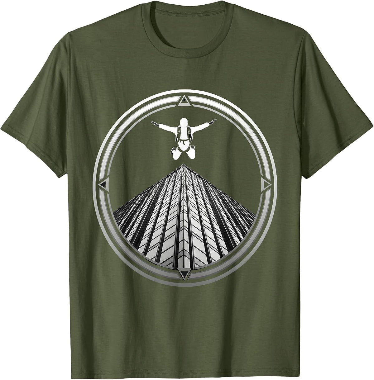 Base Jumper Rooftop Launch Skyscraper Graphic T-Shirt - Olive Green