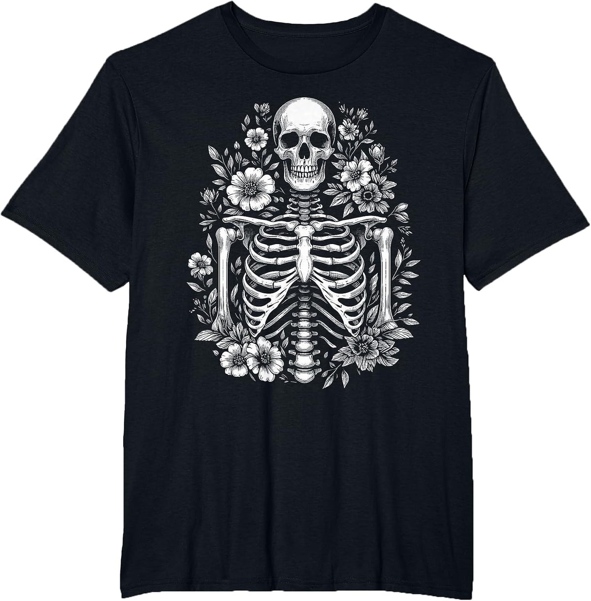 Floral Skeleton Flowers Goth Aesthetic T-Shirt - Black