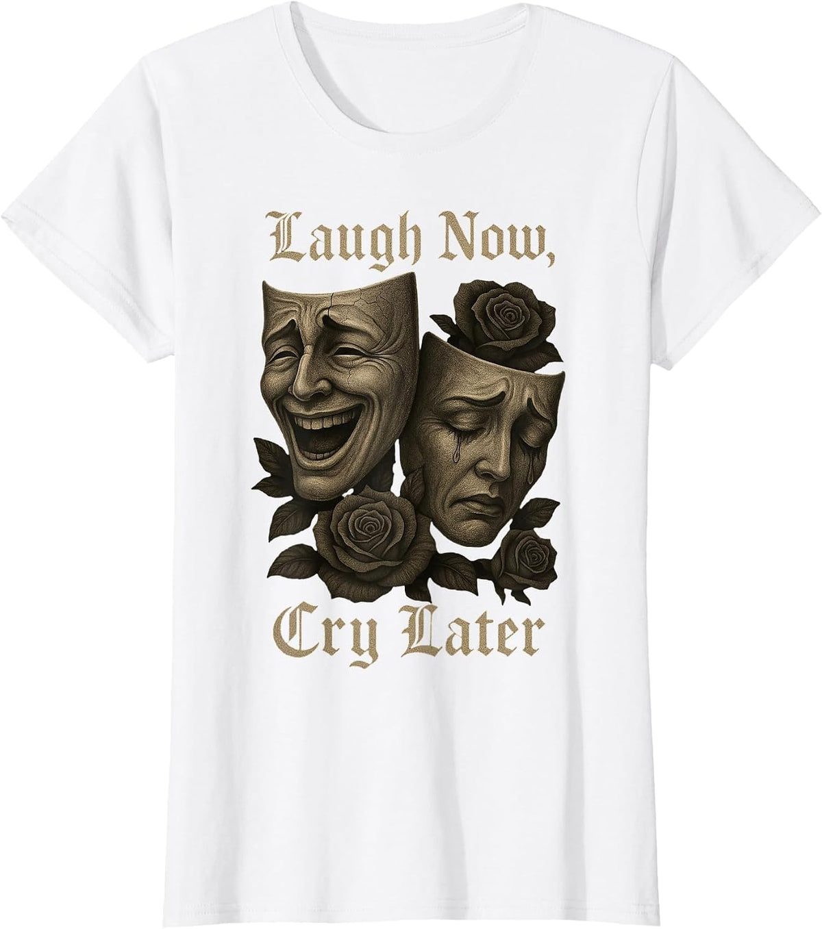 Laugh Now Cry Later Comedy and Tragedy Masks Goth Aesthetic T-Shirt - White