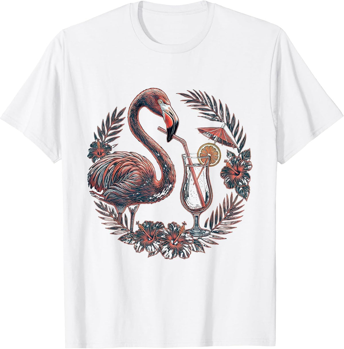 Men's Flamingo Sipping Cocktail Tropical Art T-Shirt - White