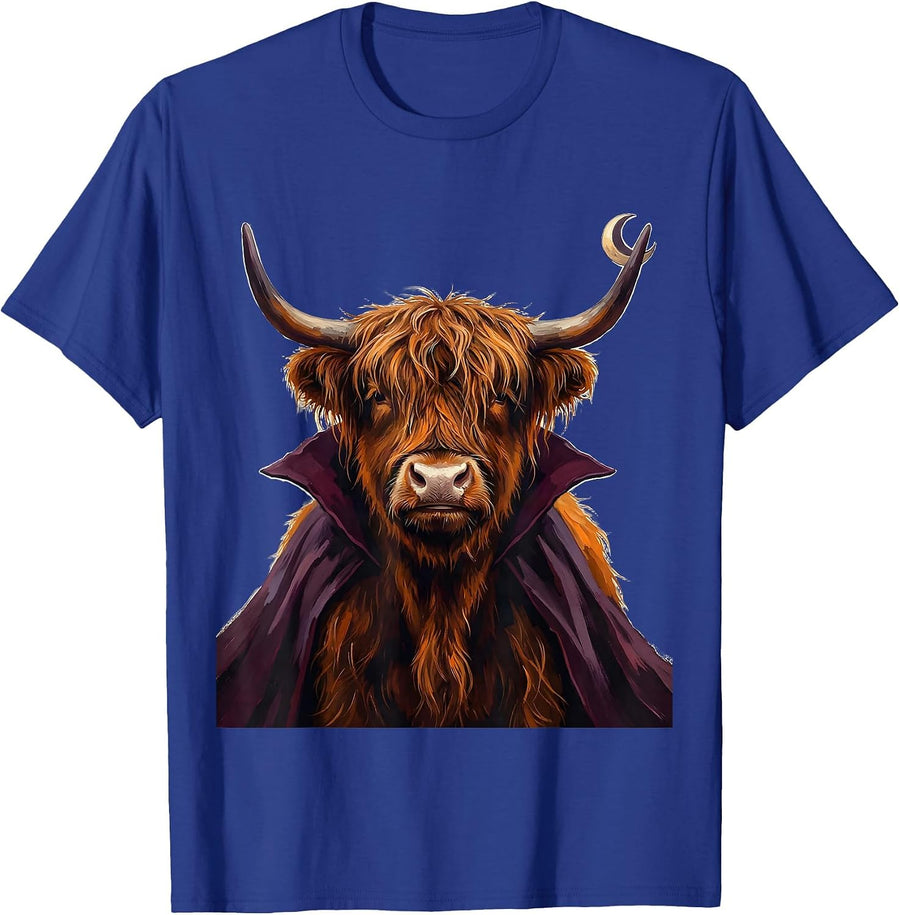 Shaggy Highland Cow Vampire Cape Halloween Humor T-Shirt - Royal Blue
